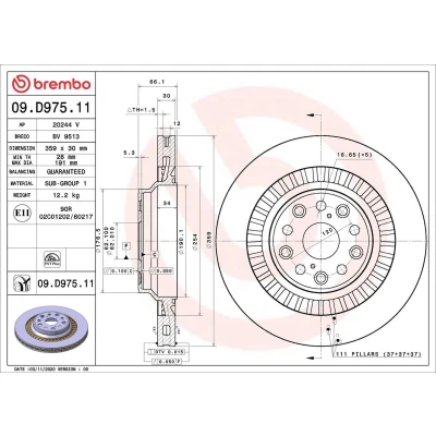 Billede af BREMBO 09.D975.11 Bremseskiver 359 30 5 indvendigt ventileret coatet