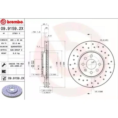 Billede af BREMBO XTRA LINE 09.9159.2X Bremseskiver 280 25 4 perforeret/indv. ventileret coatet højkarboniseret med skruer OPEL: Astra H Caravan