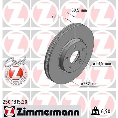 Billede af ZIMMERMANN 250.1315.20 Bremseskiver 282 27 5/5 5 108 indvendigt ventileret coatet FORD: Focus Mk4 Hatchback
