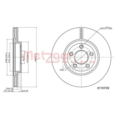 Billede af METZGER 6110709 Bremseskiver foraksel 280 23 5 100 indvendigt ventileret lakeret, Krydsslebet CHRYSLER: PT Cruiser Stationcar