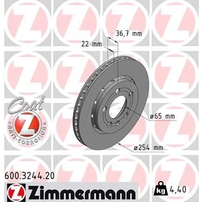 Billede af ZIMMERMANN COAT Z 600.3244.20 Bremseskiver 254 22 6/5 5 100 udvendig ventileret coatet højkarboniseret VOLKSWAGEN: Polo V Hatchback