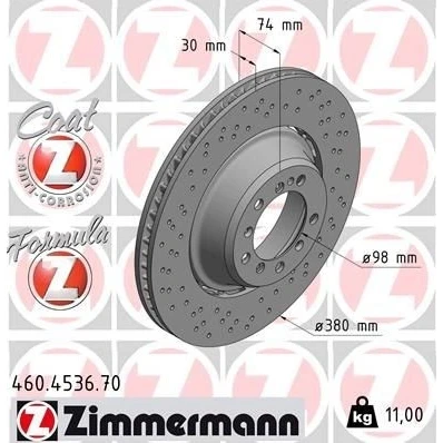 Billede af ZIMMERMANN 460.4536.70 Bremseskiver 380 30 7/5 5 130 ventileret, hullet, todelt bremseskive coatet legeret PORSCHE: 911 Cabriolet, Coupe