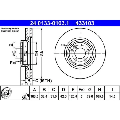 Billede af ATE Bremseskive LAND ROVER: Range Rover Sport 363,0mm 33,0mm 5 120,0mm ventileret coatet legeret 24.0133 0103.1 Bremseskiver, Skivebremser