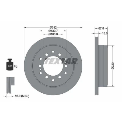 Billede af TEXTAR PRO 92170103 Bremseskiver 312 18 06/14 139,7 indvendigt ventileret coatet uden hjullejer, hjulbolte, hjulnav TOYOTA: Land Cruiser 80