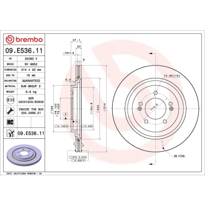 Billede af BREMBO 09.E536.11 Bremseskiver 314 20 5 indvendigt ventileret coatet højkarboniseret KIA: Optima / K5 Sportswagon, Sedan