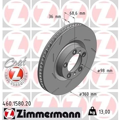 Billede af ZIMMERMANN COAT Z 460.1580.20 Bremseskiver 360 36 7/5 5 130 indvendigt ventileret, opslidset coatet højkarboniseret