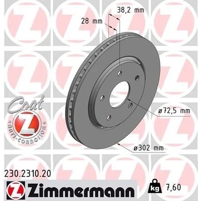 Billede af ZIMMERMANN COAT Z 230.2310.20 Bremseskiver 302 28 5/5 5 127 udvendig ventileret coatet CHRYSLER: VOYAGER 4