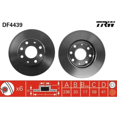 Billede af TRW DF4439 Bremseskiver 236 20 6 100 ventileret lakeret højkarboniseret CHEVROLET: Spark, Aveo / Kalos Hatchback, Hatchback