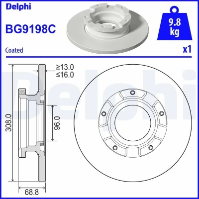 Billede af DELPHI BG9198C Bremseskiver 308 16 5 fuldstændigt coatet ubehandlet uden hjullejer, med ABS sensorring FORD: Transit Custom V362 Bus