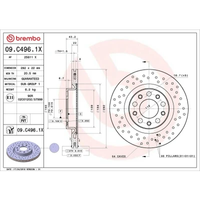 Billede af BREMBO Bremseskive ALFA ROMEO: Giulia Sedan, Stelvio 292mm 22mm 5 perforeret/indv. ventileret coatet 09.C496.1X 50532944,50545300,50554320,50571046