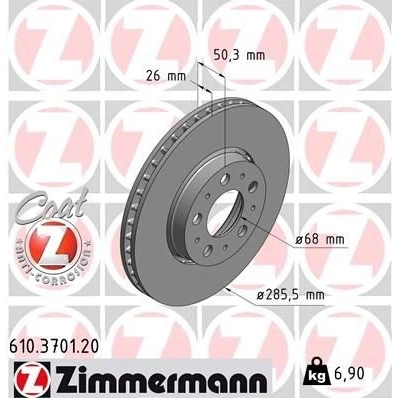 Billede af ZIMMERMANN COAT Z 610.3701.20 Bremseskiver 286 26 10/5 5 108 udvendig ventileret coatet VOLVO: V70 2, S60 I, S80 I