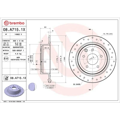 Billede af BREMBO Bremseskive NISSAN: Qashqai / Qashqai+2 I, Juke, Pulsar Hatchback 292mm 9mm 5 fuldstændigt, hullet 08.A715.1X Bremseskiver, Skivebremser