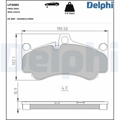 Billede af DELPHI LP3685 Bremseklodser Forberedt til slidindikator med anti knirke plade uden tilbehør PORSCHE: 911 Coupe, Cabriolet