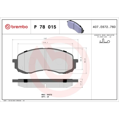 Billede af BREMBO P 78 015 Bremseklodser med akustisk advarsel for slid uden tilbehør SUBARU: Impreza III Hatchback, II Stationcar, Sedan
