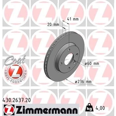 Billede af ZIMMERMANN COAT Z 430.2637.20 Bremseskiver 236 20 5/4 4 100 indvendigt ventileret coatet OPEL: Karl