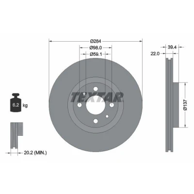 Billede af TEXTAR PRO 92055203 Bremseskiver 284 22 04/06 98 indvendigt ventileret coatet uden hjulbolte, hjulnav FIAT: Punto II Hatchback, Coupe