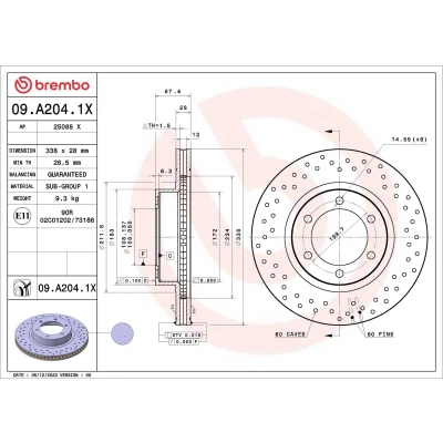 Billede af BREMBO Bremseskive 338mm 28mm 6 perforeret/indv. ventileret coatet 09.A204.1X Bremseskiver, Skivebremser