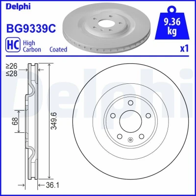 Billede af DELPHI BG9339C Bremseskiver 350 28 5 ventileret coatet højkarboniseret uden hjullejer, ABS sensorring AUDI: Q7, A6 C8 Avant, Q8