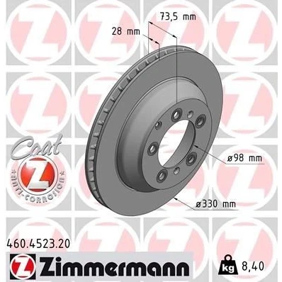 Billede af ZIMMERMANN 460.4523.20 Bremseskiver 330 28 8/5 5 130 indvendigt ventileret coatet højkarboniseret PORSCHE: Cayenne