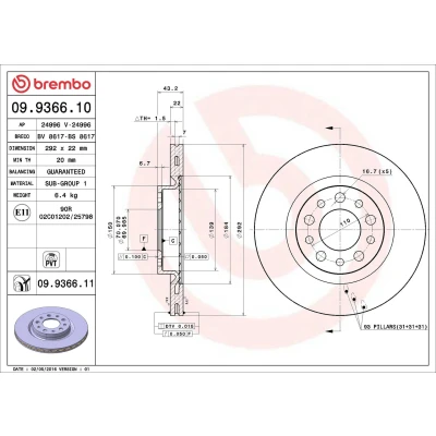 Billede af BREMBO COATED DISC LINE 09.9366.11 Bremseskiver 292 22 5 indvendigt ventileret coatet ALFA ROMEO: 159 Sportwagon, Sedan