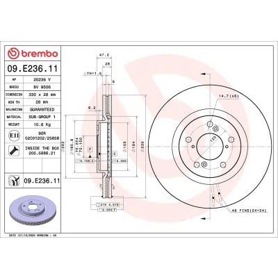 Billede af BREMBO 09.E236.11 Bremseskiver 330 28 5 indvendigt ventileret coatet med skruer