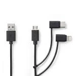 Billede af 3 i 1 kabel USB 2.0 A Han Apple Lightning 8 pin / Micro B C 480 Mbps 1.00 m Nikkelplateret Runde PVC Sort Label