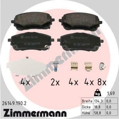 Billede af ZIMMERMANN 26149.190.2 Bremseklodser med akustisk advarsel for slid skruer Billede svarer til leveringsomfang, fjeder, glideplade