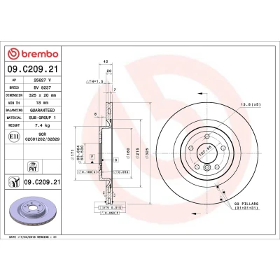 Billede af BREMBO COATED DISC LINE 09.C209.21 Bremseskiver 325 20 5 indvendigt ventileret coatet JAGUAR: XF Sedan