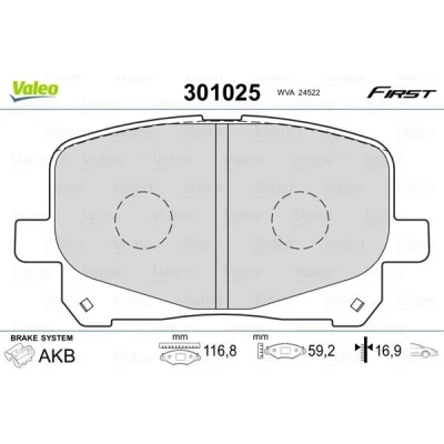 Billede af VALEO 301025 Bremseklodser FIRST foraksel Ekskl. slidadvarselskontakt uden anti knirke plade TOYOTA: Camry IV Sedan, Previa / Estima II