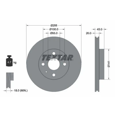 Billede af TEXTAR PRO 92115603 Bremseskiver 255 20 04/06 100 indvendigt ventileret coatet uden hjulbolte, hjulnav TOYOTA: Yaris I Hatchback, Verso
