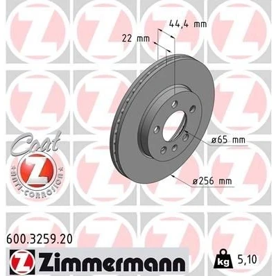 Billede af ZIMMERMANN 600.3259.20 Bremseskiver 256 22 6/5 5 100 indvendigt ventileret coatet højkarboniseret VOLKSWAGEN: Polo VI, SKODA: Scala Hatchback, Kamiq