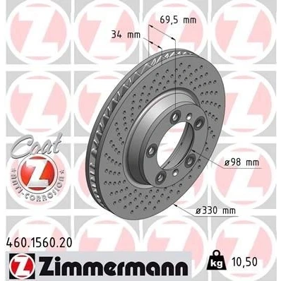 Billede af ZIMMERMANN COAT Z 460.1560.20 Bremseskiver 330 34 7/5 5 130 indvendigt ventileret, hullet coatet PORSCHE: 911 Coupe, Cabriolet