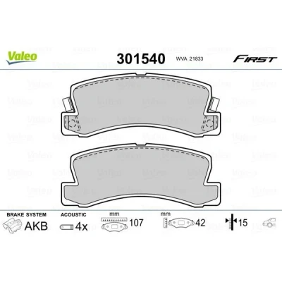Billede af VALEO 301540 Bremseklodser FIRST bagaksel Inkl. slidadvarselskontakt uden anti knirke plade TOYOTA: Corolla VIII Compact, Liftback