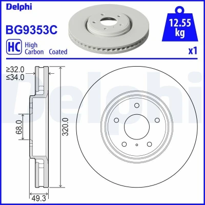 Billede af DELPHI BG9353C Bremseskiver 320 34 5 ventileret coatet højkarboniseret uden hjullejer, ABS sensorring NISSAN: NP300 Navara Pick up