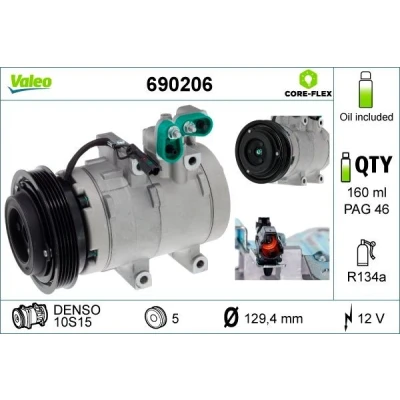 Billede af VALEO 690206 Kompressor 10S15 12 PAG 46 R 134a med kompressorolie HYUNDAI: Santa Fe I, KIA: SORENTO 1