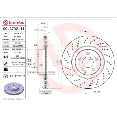 Billede af BREMBO COATED DISC LINE 09.A732.11 Bremseskiver 335 32 5 perforeret/indv. ventileret coatet højkarboniseret med skruer MERCEDES BENZ: S klasse Sedan