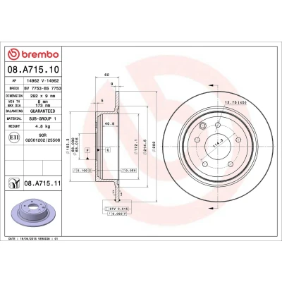 Billede af BREMBO 08.A715.10 Bremseskiver 292 9 5 fuldstændigt NISSAN: Qashqai / Qashqai+2 I, Pulsar Hatchback, Juke
