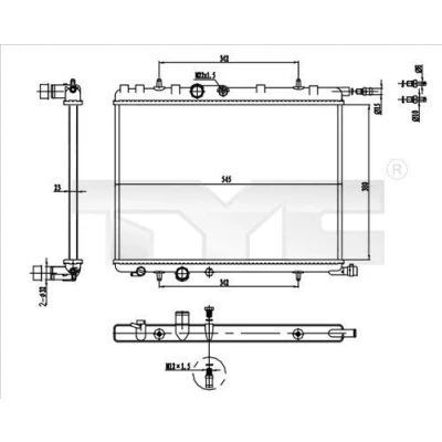 Billede af TYC 726 0016 R Radiator 545 380 23 Mekanisk fuget køleripper PEUGEOT: 206 Hatchback, 307 Stationcar, CITROËN: C4 I Hatchback