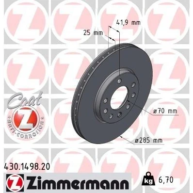 Billede af ZIMMERMANN COAT Z 430.1498.20 Bremseskiver 285 25 8/5 5 110 indvendigt ventileret coatet højkarboniseret OPEL: Vectra C Caravan, CC