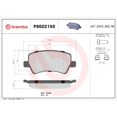 Billede af BREMBO P86021NX Bremseklodser Ekskl. slidadvarselskontakt med bremsecaliperskruer, anti knirke plade tilbehør