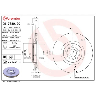 Billede af BREMBO COATED DISC LINE 09.7680.21 Bremseskiver 310 32 5 indvendigt ventileret coatet højkarboniseret PEUGEOT: 807, CITROËN: C8