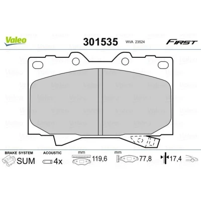 Billede af VALEO 301535 Bremseklodser FIRST foraksel Inkl. slidadvarselskontakt uden anti knirke plade TOYOTA: Land Cruiser 100, Prado 70 SUV