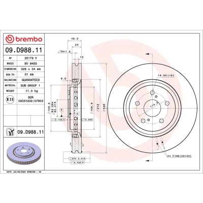 Billede af BREMBO 09.D988.11 Bremseskiver 328 34 5 indvendigt ventileret coatet