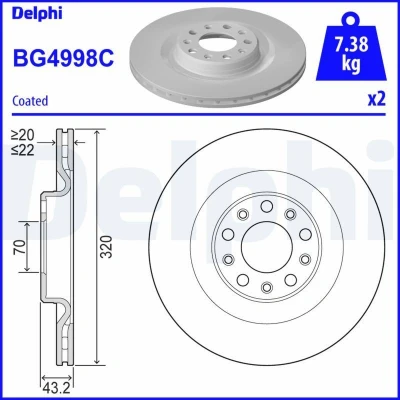 Billede af DELPHI BG4998C Bremseskiver 320 22 5 ventileret coatet ubehandlet uden hjullejer, ABS sensorring ALFA ROMEO: Giulia Sedan, Stelvio