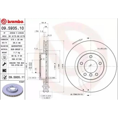 Billede af BREMBO COATED DISC LINE 09.5935.11 Bremseskiver 315 28 5 indvendigt ventileret coatet med skruer BMW: 3 Sedan, Coupe, Cabriolet