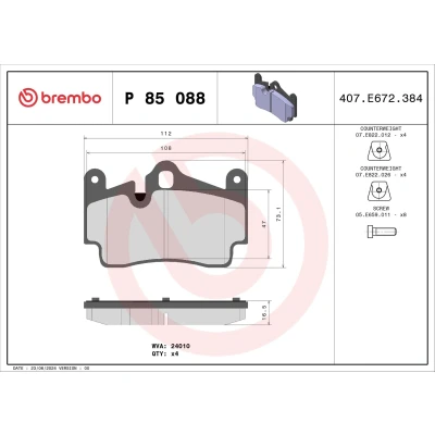 Billede af BREMBO P 85 088 Bremseklodser Forberedt til slidindikator med anti knirke plade afbalanceringsvægt, uden tilbehør AUDI: Q7, PORSCHE: Cayenne