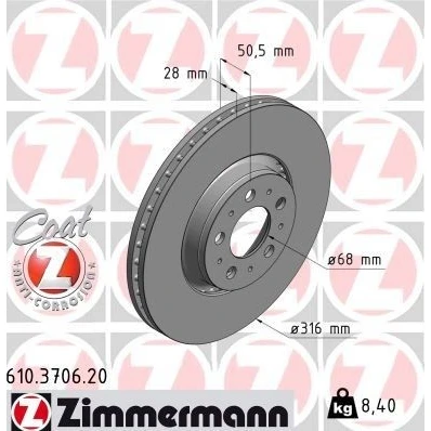 Billede af ZIMMERMANN COAT Z 610.3706.20 Bremseskiver 316 28 10/5 5 108 udvendig ventileret coatet VOLVO: V70 2, S60 I, XC90 I
