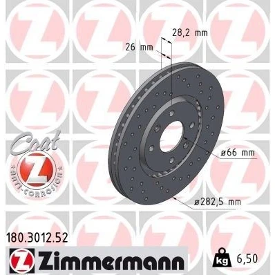 Billede af ZIMMERMANN SPORT COAT Z 180.3012.52 Bremseskiver 282 26 6/4 4 108 udvendig ventileret, hullet coatet PEUGEOT: 406 Sedan, Coupe, Stationcar