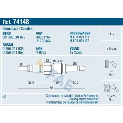 Billede af FAE 74148 Gløderør 11V M12x1,25, M 12x1,25 VOLKSWAGEN: GOLF 4, Lupo / 3L, 3, AUDI: A3 Hatchback, Sportback, VOLVO: V70 2, I