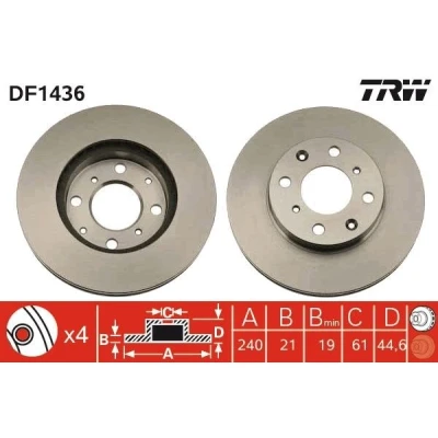 Billede af TRW DF1436 Bremseskiver 240 21 4 100 ventileret lakeret SEAT: IBIZA 5, HONDA: CIVIC 6 Hatchback, Stufenheck, Fastback